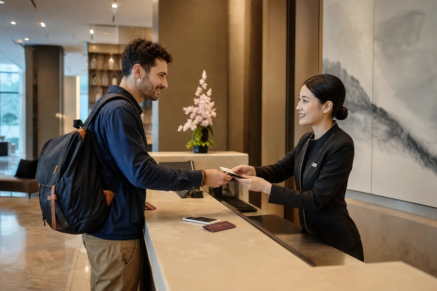 Foreign visitor checking into a hotel in China